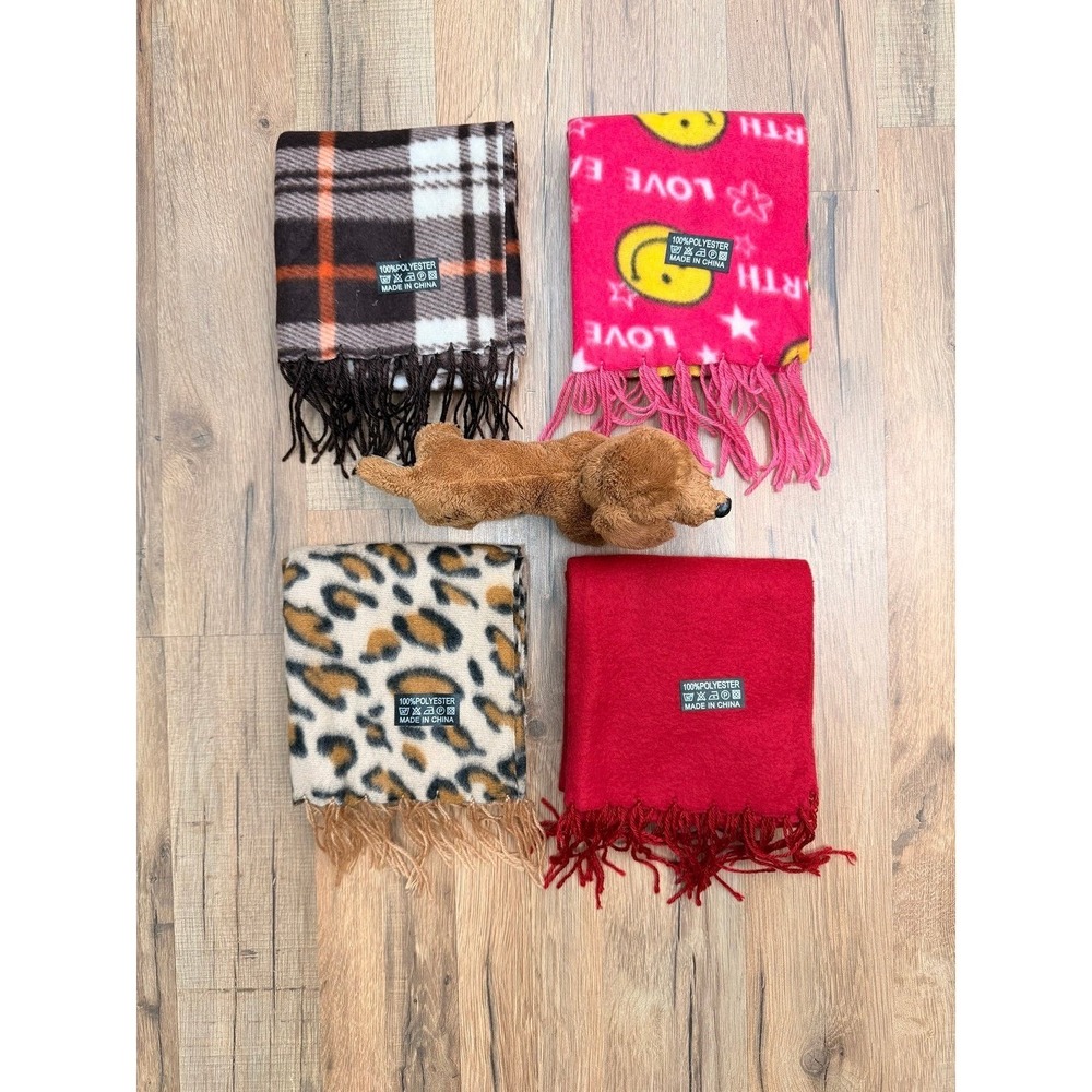 Bundle of 4 Cozy Fringe‎ Scarves — Plaid, Leopard, Smiley, Solid Red — New